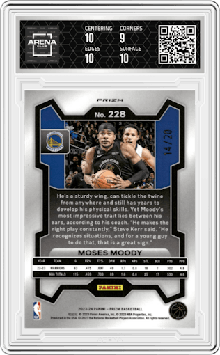 Moses Moody from the 2023-24 Panini Prizm set featuring a Choice Cherry Blossom parallel graded by Arena Club and given an overall grade of 9.5.
