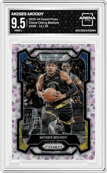 Moses Moody from the 2023-24 Panini Prizm set featuring a Choice Cherry Blossom parallel graded by Arena Club and given an overall grade of 9.5.