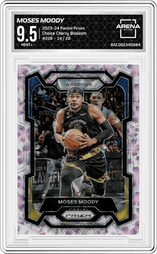 Moses Moody from the 2023-24 Panini Prizm set featuring a Choice Cherry Blossom parallel graded by Arena Club and given an overall grade of 9.5.