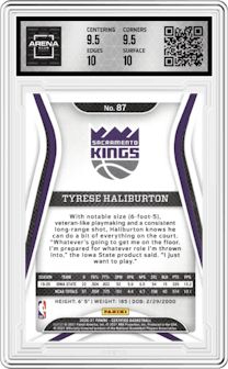 Tyrese Haliburton from the 2020-21 Panini Certified set featuring a Asia Gold parallel graded by Arena Club and given an overall grade of 10.