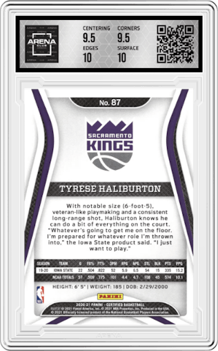 Tyrese Haliburton from the 2020-21 Panini Certified set featuring a Asia Gold parallel graded by Arena Club and given an overall grade of 10.