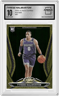 Tyrese Haliburton from the 2020-21 Panini Certified set featuring a Asia Gold parallel graded by Arena Club and given an overall grade of 10.
