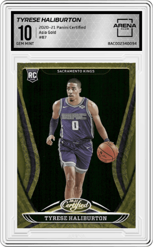 Tyrese Haliburton from the 2020-21 Panini Certified set featuring a Asia Gold parallel graded by Arena Club and given an overall grade of 10.