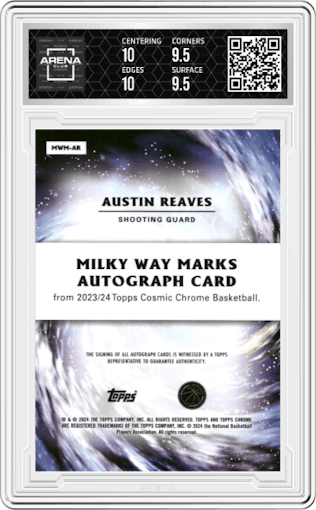 Austin Reaves from the 2023-24 Topps Chrome Cosmic set featuring a Orange Galactic Refractor parallel graded by Arena Club and given an overall grade of 9.5.