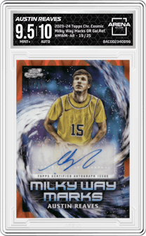Austin Reaves from the 2023-24 Topps Chrome Cosmic set featuring a Orange Galactic Refractor parallel graded by Arena Club and given an overall grade of 9.5.