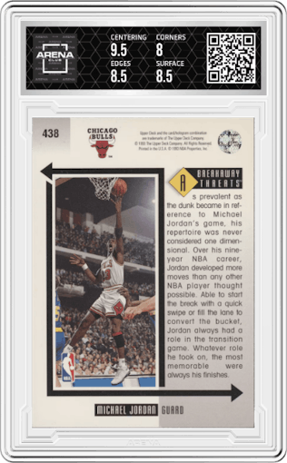 Michael Jordan from the 1993-94 Upper Deck  set graded by Arena Club and given an overall grade of 8.5.
