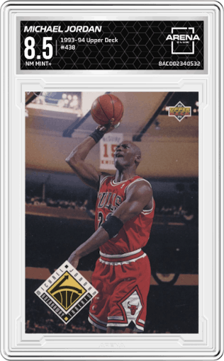 Michael Jordan from the 1993-94 Upper Deck  set graded by Arena Club and given an overall grade of 8.5.