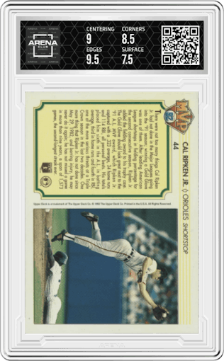 Cal Ripken Jr. from the 1992 Upper Deck Team MVP Holograms set graded by Arena Club and given an overall grade of 8.