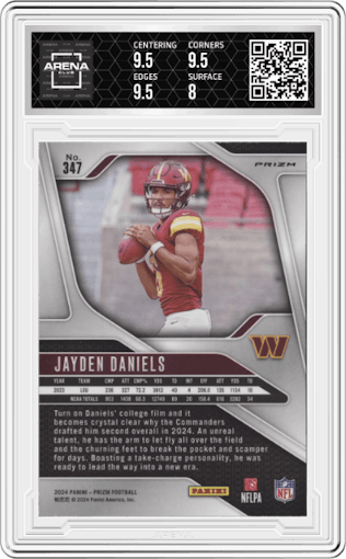 Jayden Daniels from the 2024 Panini Prizm set featuring a Silver Prizm parallel graded by Arena Club and given an overall grade of 8.5.