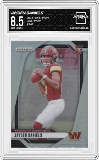 Jayden Daniels from the 2024 Panini Prizm set featuring a Silver Prizm parallel graded by Arena Club and given an overall grade of 8.5.