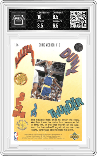 Chris Webber from the 1993-94 Upper Deck Pro View 3D set graded by Arena Club and given an overall grade of 7.