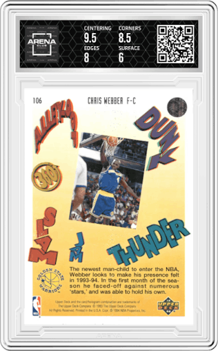 Chris Webber from the 1993-94 Upper Deck Pro View 3D set graded by Arena Club and given an overall grade of 6.5.