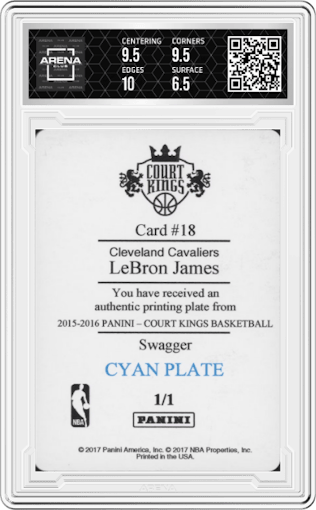 LeBron James from the 2015-16 Panini Court Kings set featuring a Printing Plates Cyan parallel graded by Arena Club and given an overall grade of 7.
