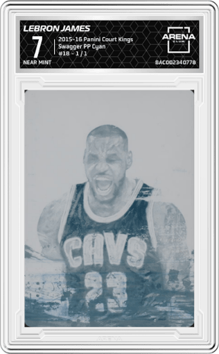 LeBron James from the 2015-16 Panini Court Kings set featuring a Printing Plates Cyan parallel graded by Arena Club and given an overall grade of 7.