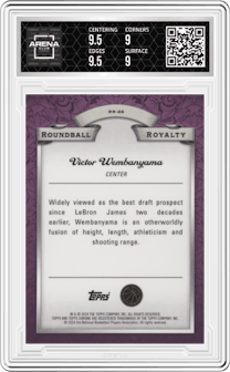 Victor Wembanyama from the 2023-24 Topps Chrome set featuring a Orange Basketball Refractor parallel graded by Arena Club and given an overall grade of 9.5.