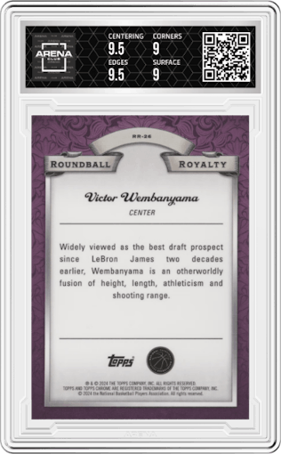 Victor Wembanyama from the 2023-24 Topps Chrome set featuring a Orange Basketball Refractor parallel graded by Arena Club and given an overall grade of 9.5.