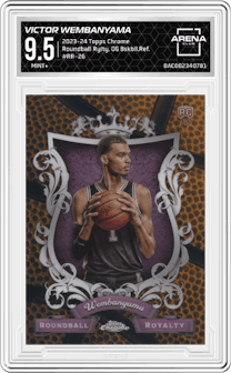 Victor Wembanyama from the 2023-24 Topps Chrome set featuring a Orange Basketball Refractor parallel graded by Arena Club and given an overall grade of 9.5.