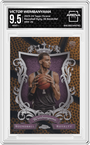 Victor Wembanyama from the 2023-24 Topps Chrome set featuring a Orange Basketball Refractor parallel graded by Arena Club and given an overall grade of 9.5.