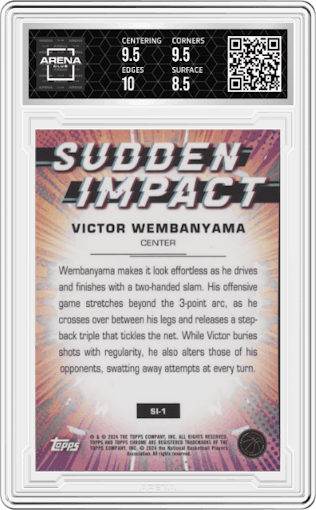 Victor Wembanyama from the 2023-24 Topps Chrome set featuring a Green Topps Refractor parallel graded by Arena Club and given an overall grade of 9.