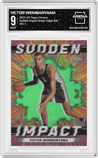 Victor Wembanyama from the 2023-24 Topps Chrome set featuring a Green Topps Refractor parallel graded by Arena Club and given an overall grade of 9.