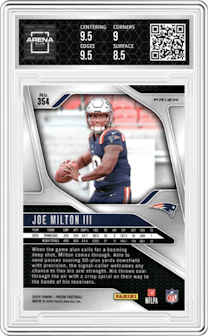 Joe Milton III from the 2024 Panini Prizm set featuring a Lazer Prizm parallel graded by Arena Club and given an overall grade of 9.