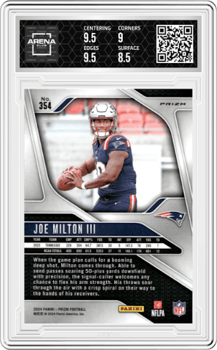 Joe Milton III from the 2024 Panini Prizm set featuring a Lazer Prizm parallel graded by Arena Club and given an overall grade of 9.