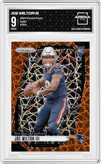 Joe Milton III from the 2024 Panini Prizm set featuring a Lazer Prizm parallel graded by Arena Club and given an overall grade of 9.
