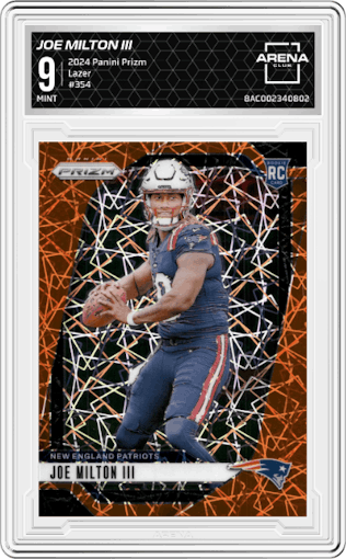 Joe Milton III from the 2024 Panini Prizm set featuring a Lazer Prizm parallel graded by Arena Club and given an overall grade of 9.