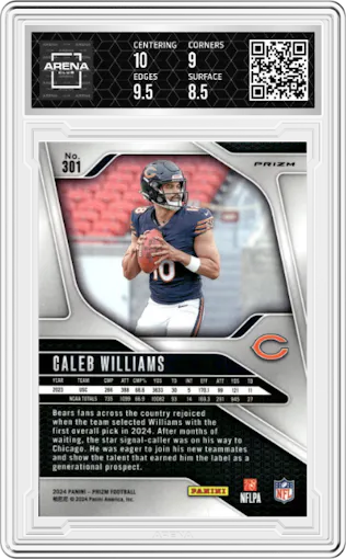 Caleb Williams from the 2024 Panini Prizm set featuring a Lazer Prizm parallel graded by Arena Club and given an overall grade of 9.