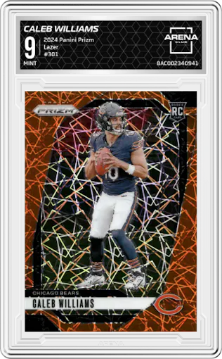 Caleb Williams from the 2024 Panini Prizm set featuring a Lazer Prizm parallel graded by Arena Club and given an overall grade of 9.