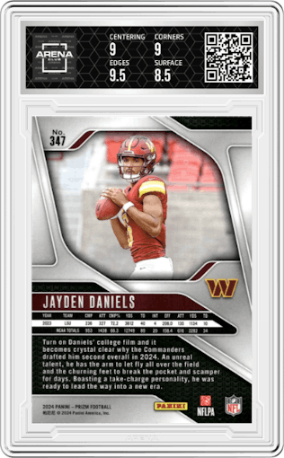 Jayden Daniels from the 2024 Panini Prizm set graded by Arena Club and given an overall grade of 9.