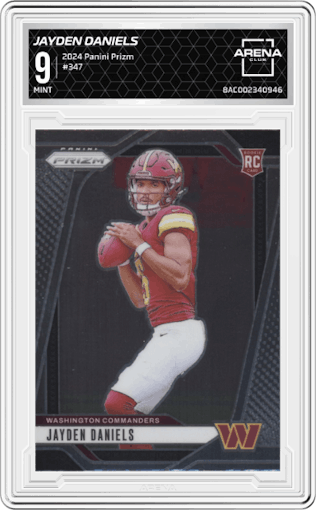Jayden Daniels from the 2024 Panini Prizm set graded by Arena Club and given an overall grade of 9.