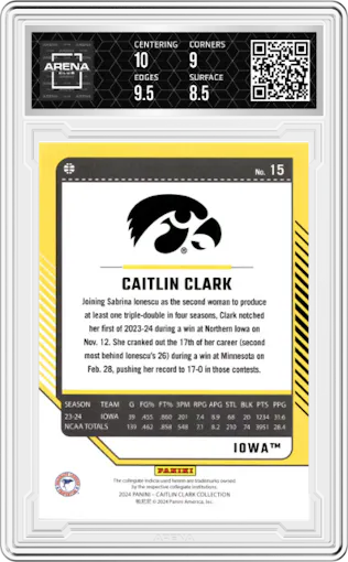 Caitlin Clark from the 2024 Panini Caitlin Clark Collection set featuring a Pink parallel graded by Arena Club and given an overall grade of 9.