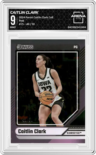 Caitlin Clark from the 2024 Panini Caitlin Clark Collection set featuring a Pink parallel graded by Arena Club and given an overall grade of 9.