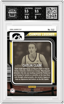 Caitlin Clark from the 2024 Panini Caitlin Clark Collection set featuring a Floating Hearts parallel graded by Arena Club and given an overall grade of 9.5.
