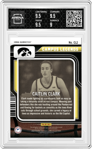 Caitlin Clark from the 2024 Panini Caitlin Clark Collection set featuring a Floating Hearts parallel graded by Arena Club and given an overall grade of 9.5.