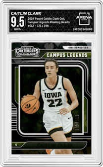 Caitlin Clark from the 2024 Panini Caitlin Clark Collection set featuring a Floating Hearts parallel graded by Arena Club and given an overall grade of 9.5.