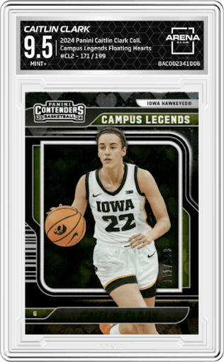 Caitlin Clark from the 2024 Panini Caitlin Clark Collection set featuring a Floating Hearts parallel graded by Arena Club and given an overall grade of 9.5.