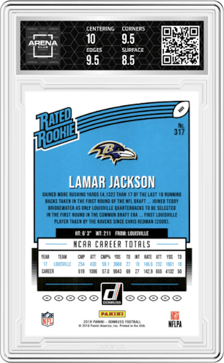 Lamar Jackson from the 2018 Panini Donruss set graded by Arena Club and given an overall grade of 9.