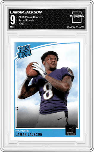 Lamar Jackson from the 2018 Panini Donruss set graded by Arena Club and given an overall grade of 9.