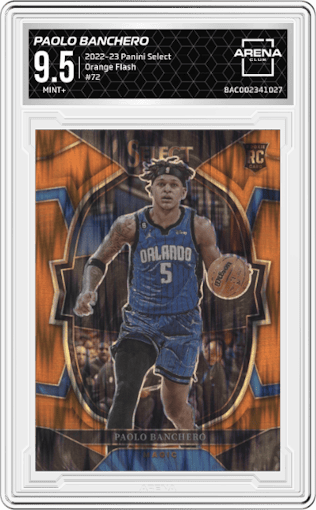Paolo Banchero from the 2022-23 Panini Select set featuring a Orange Flash parallel graded by Arena Club and given an overall grade of 9.5.