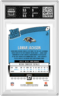 Lamar Jackson from the 2018 Panini Donruss Optic set featuring a Red/Yellow parallel graded by Arena Club and given an overall grade of 9.5.