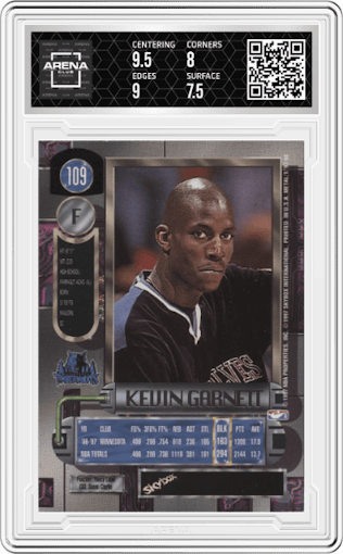 Kevin Garnett from the 1997-98 Metal Universe set graded by Arena Club and given an overall grade of 8.