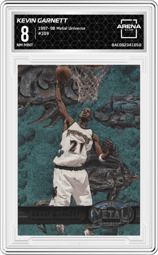 Kevin Garnett from the 1997-98 Metal Universe set graded by Arena Club and given an overall grade of 8.