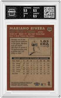 Mariano Rivera from the 2000 Fleer Tradition set graded by Arena Club and given an overall grade of 7.5.