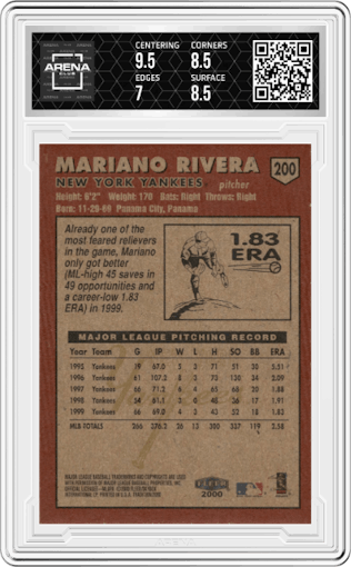 Mariano Rivera from the 2000 Fleer Tradition set graded by Arena Club and given an overall grade of 7.5.