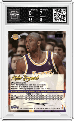 Kobe Bryant from the 1997-98 Fleer Ultra set graded by Arena Club and given an overall grade of 7.5.