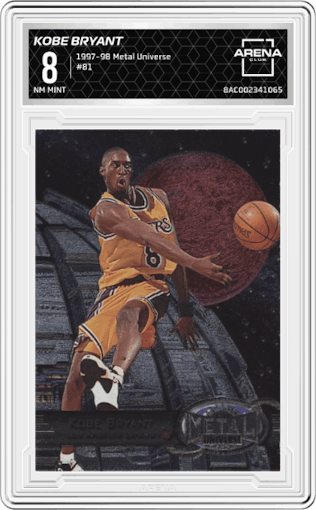 Kobe Bryant from the 1997-98 Metal Universe set graded by Arena Club and given an overall grade of 8.