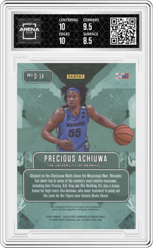 Precious Achiuwa from the 2020 Panini Prizm Draft Picks Collegiate set graded by Arena Club and given an overall grade of 9.
