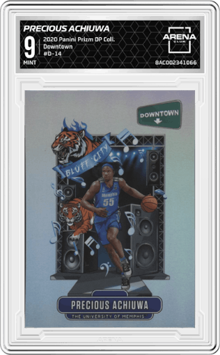 Precious Achiuwa from the 2020 Panini Prizm Draft Picks Collegiate set graded by Arena Club and given an overall grade of 9.